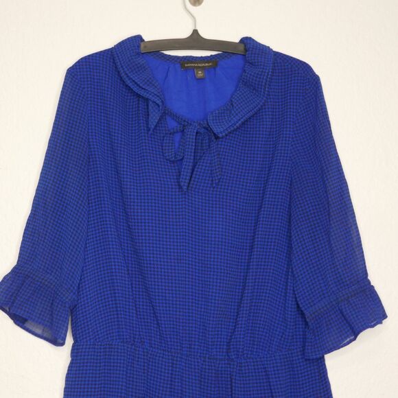 Banana Republic Fit Flare Dress Blue Houndstooth Short Sleeve Ruffle Tie Medium - Picture 7 of 7
